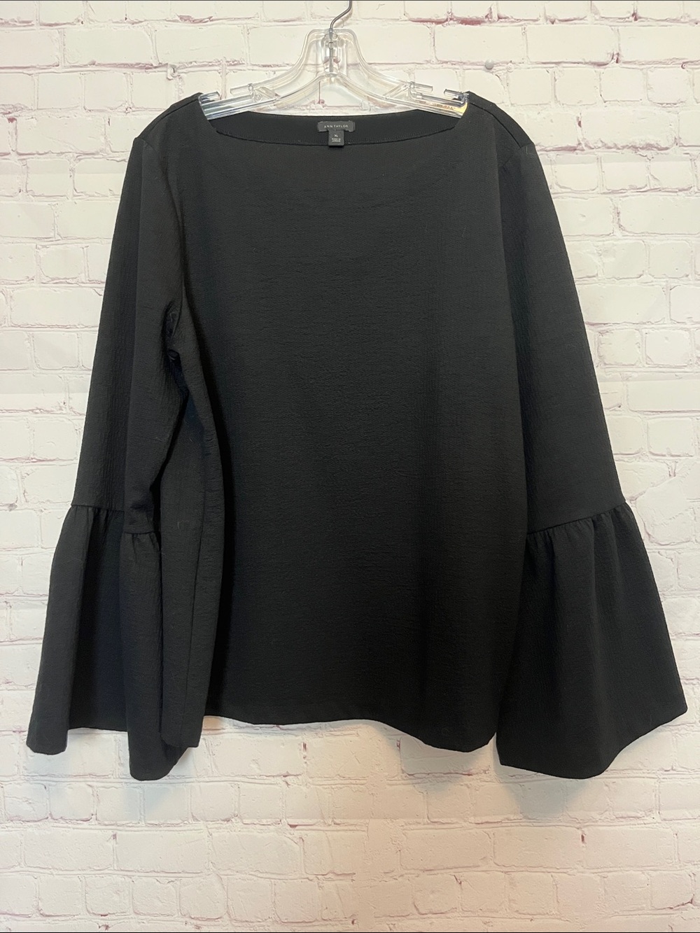 Ann Taylor Solid Black Textured Bell Sleeve Top